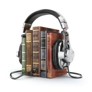 Lydbog bøger med høretelefoner på signalerer lydbøger